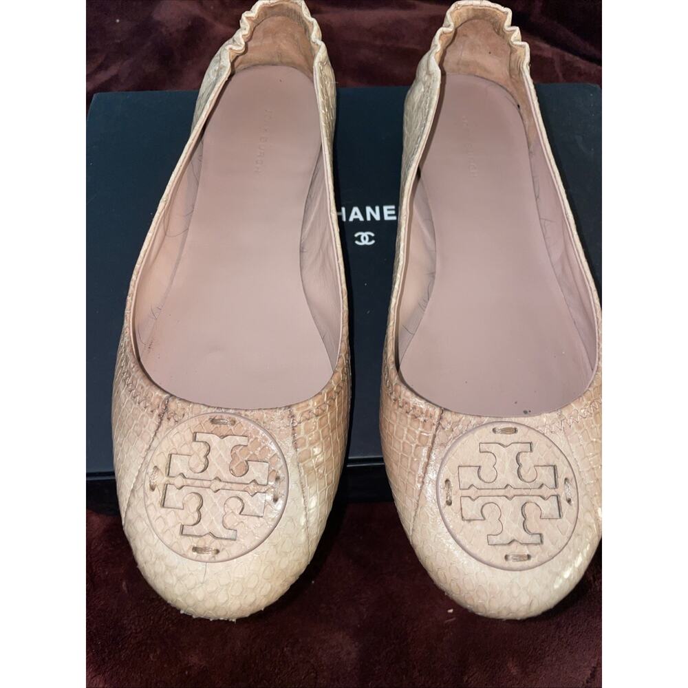 TORY BURCH Minnie Snake Embossed Leather Travel Ballet Flat 9.5 Cream